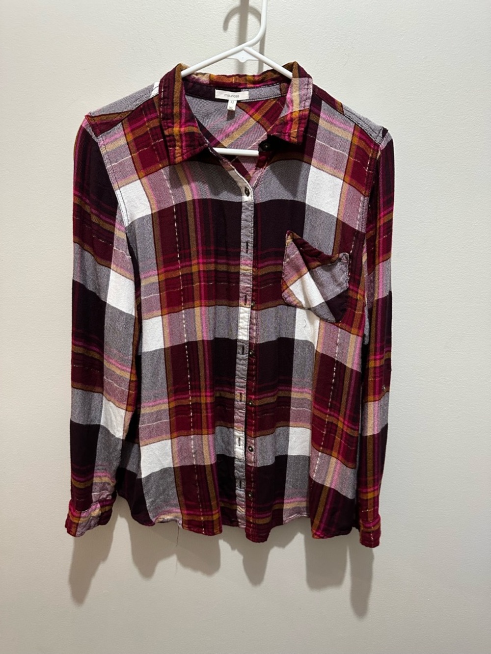 Maurices Plaid Blouse in Burgundy, Pink & Gold Tones Button Back XL